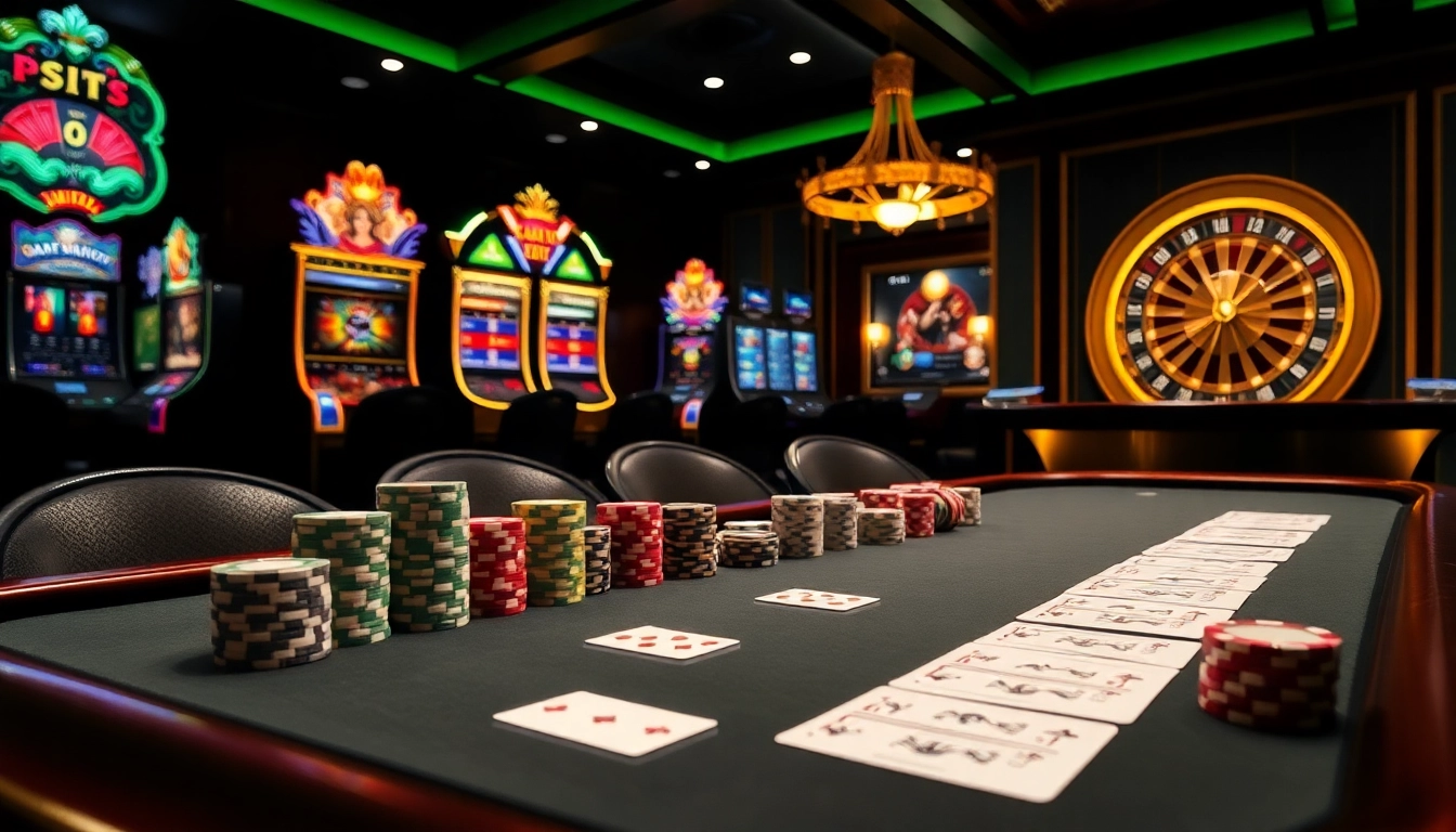 Players enjoying poker at GG88 guru, surrounded by vibrant poker chips and a sophisticated casino atmosphere.