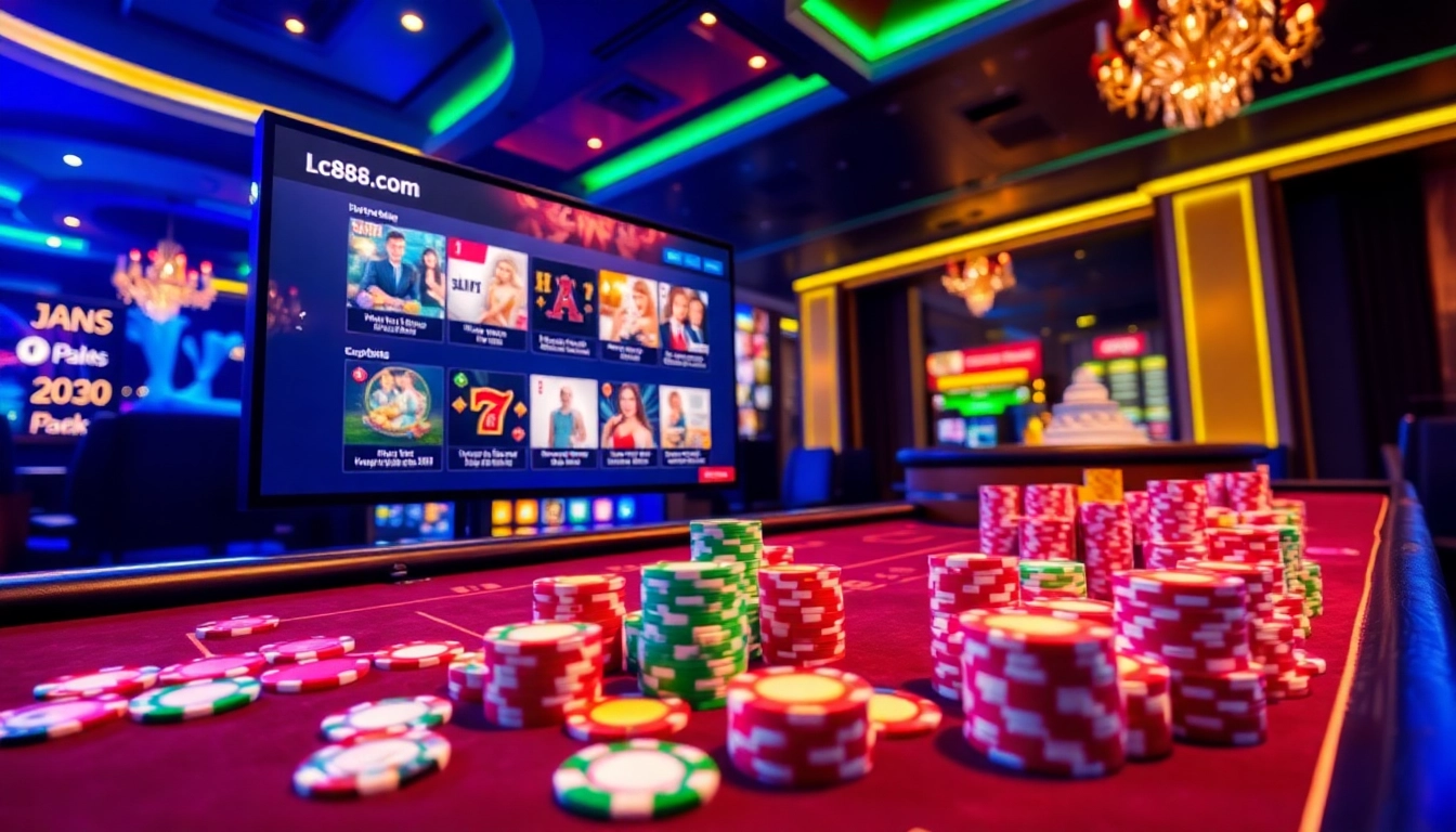 A vibrant online casino scene featuring Lc88.com with casino tables and colorful gaming elements.