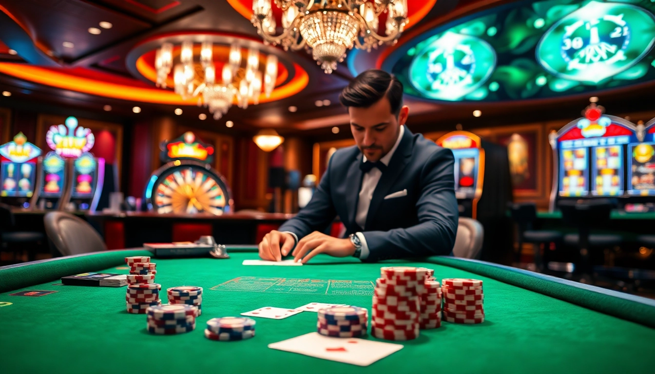 Professional gambler placing bets at a vibrant table on https://s80web.com/ casino scene.