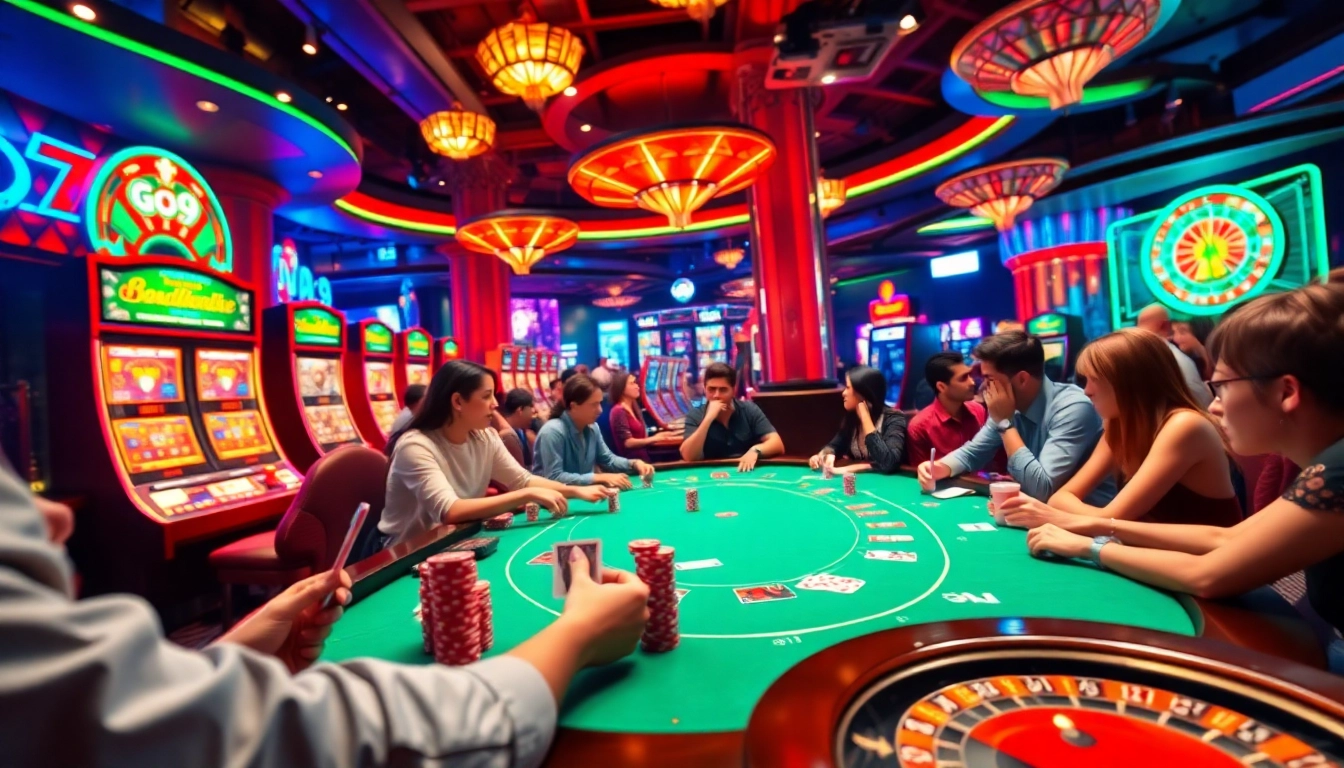 Experience the thrill of Go99 at an exhilarating casino scene with vibrant games and poker excitement.