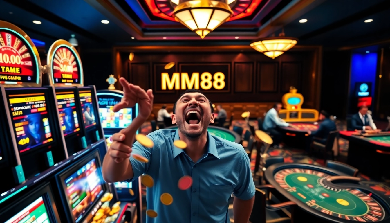 MM88 slot machine area showcasing a player winning big with coins cascading down.