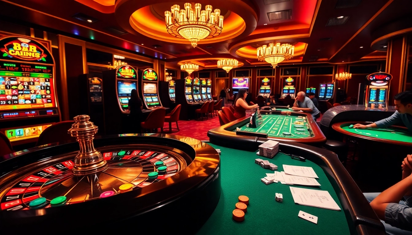 Players engaging in thrilling games at 88i casino, surrounded by vibrant slot machines and poker tables.