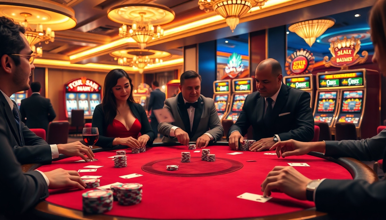 KJC players enjoying high-stakes poker at a luxurious casino table with vibrant chips and cards.
