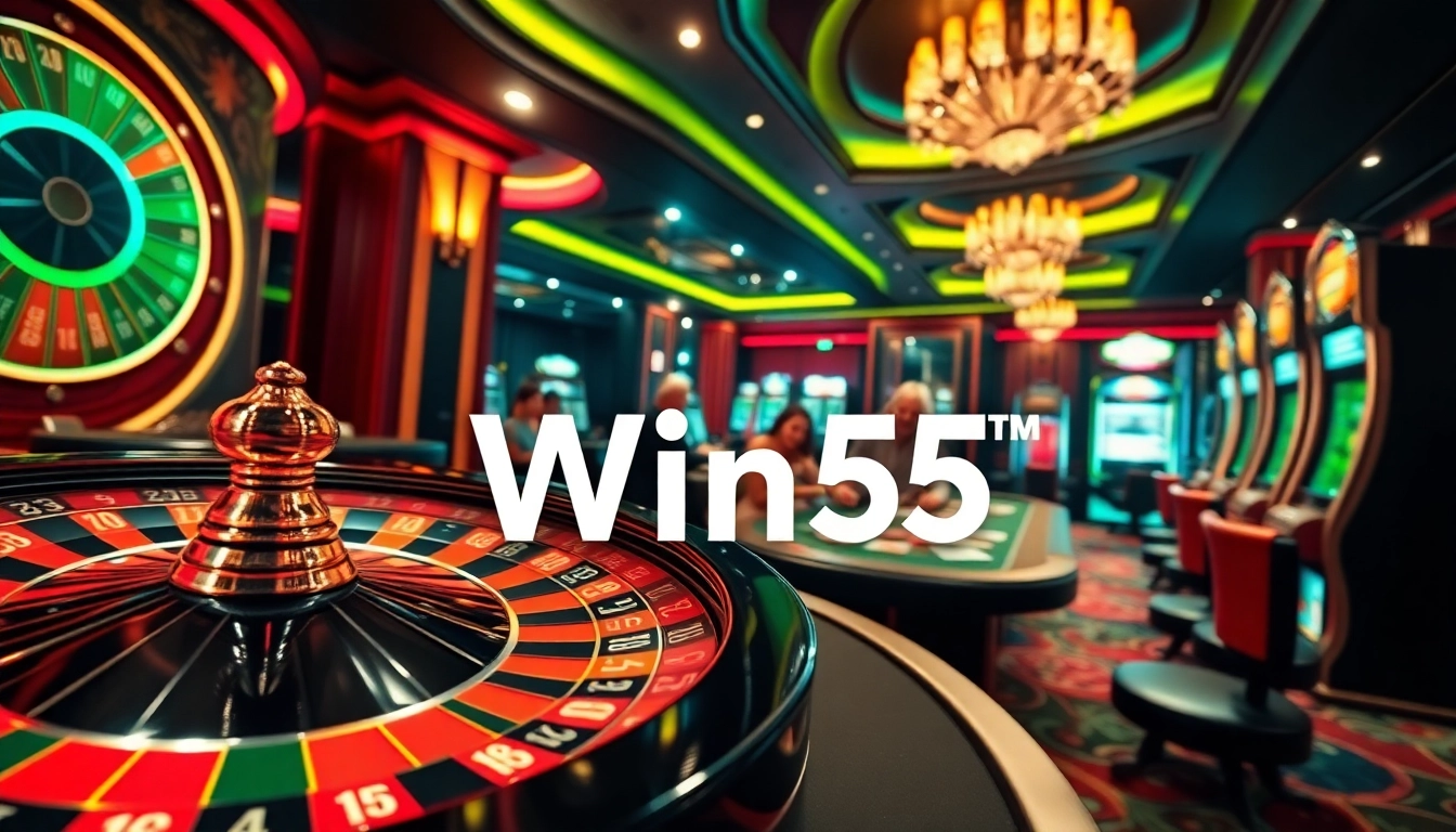 Players enjoying their bets at a vibrant casino with Win55 illuminated signs, roulette, and poker tables.