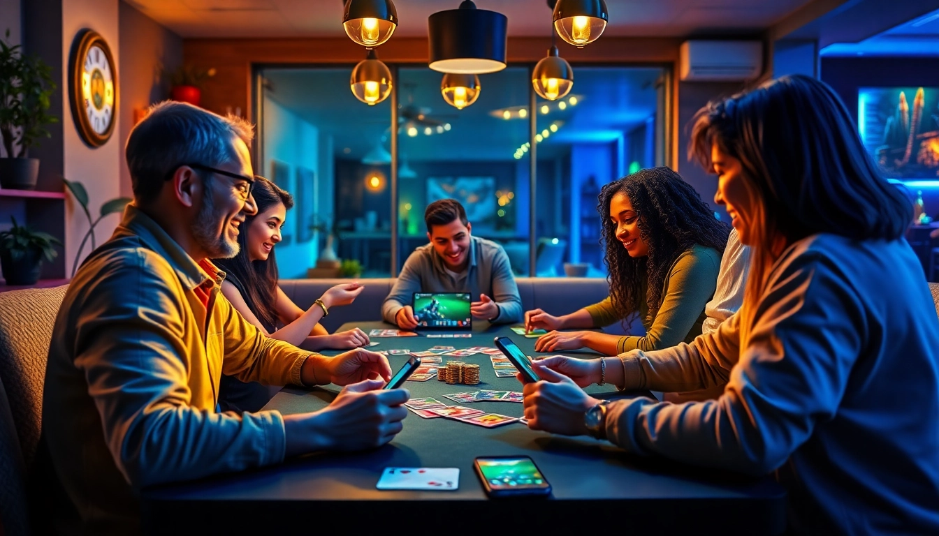 Dynamic gaming scene representing gamebaidoithuong.com.vc, showcasing online card games and rewards in a modern, vibrant atmosphere.