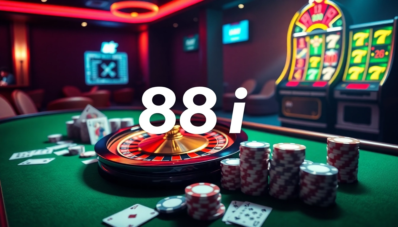 Engage with thrilling 88i game action in a luxurious casino setting filled with chips, cards, and a roulette wheel.