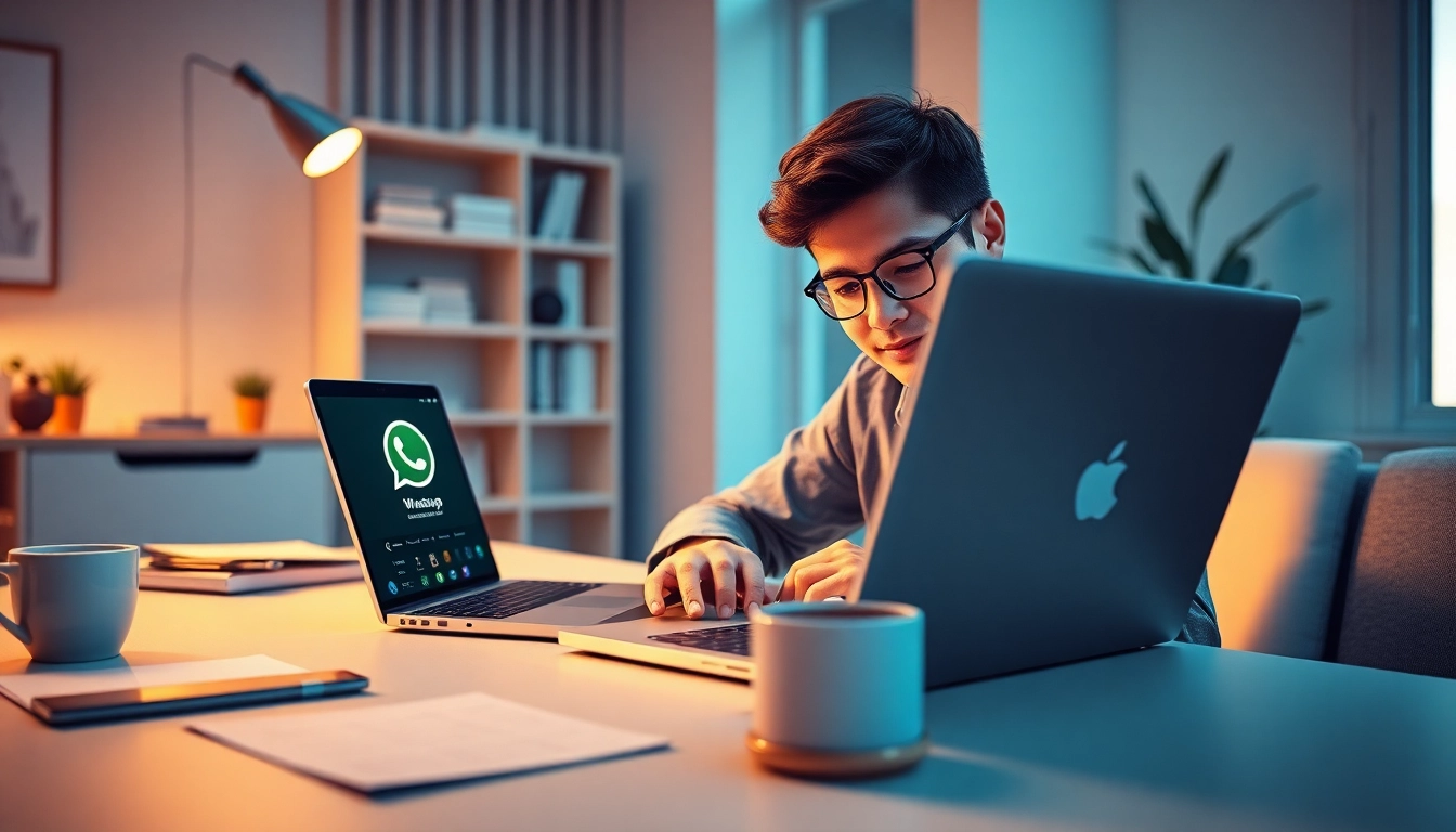 在现代家庭办公室设置中使用 WhatsApp网页版的年轻专业人士。