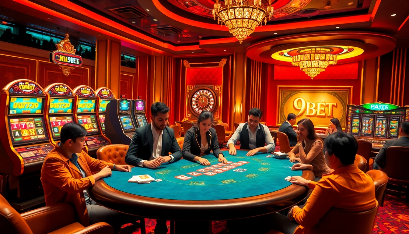 Engaging poker action at Nhà cái 9BET table with colorful slot machines and roulette wheel.