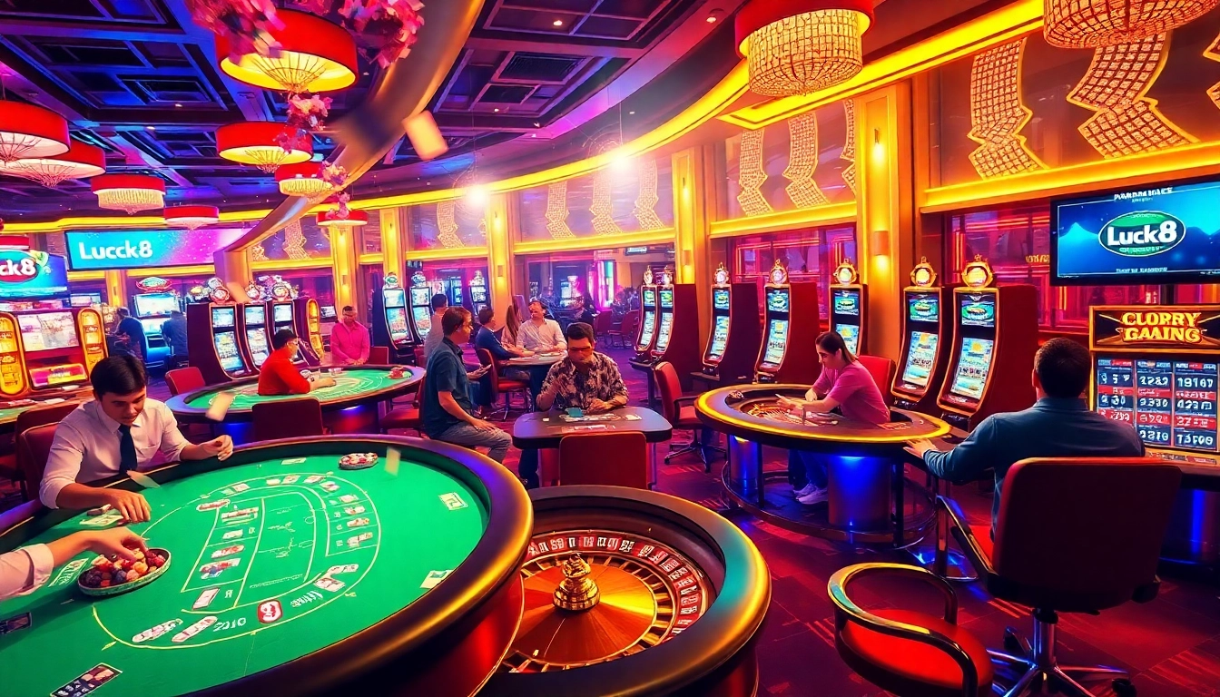 Players excitedly engage in gambling at Luck8 casino tables full of poker chips and neon lights.