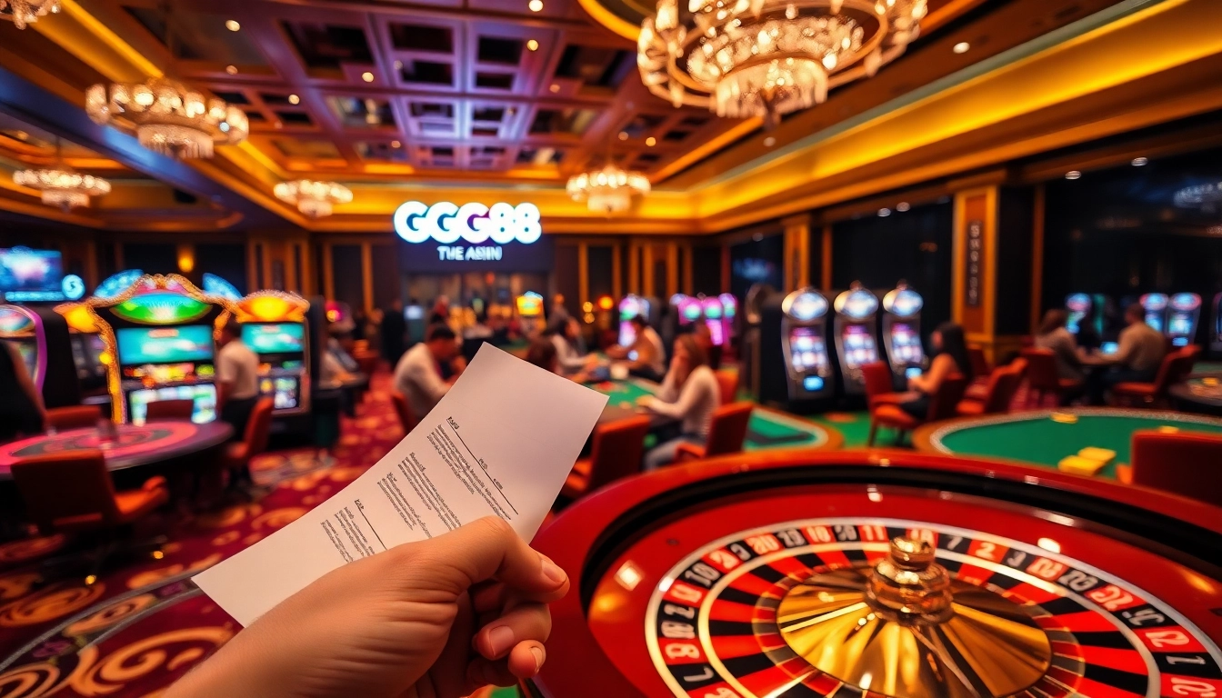 Experience thrilling casino action with GG88 at a vibrant roulette table and slot machines.