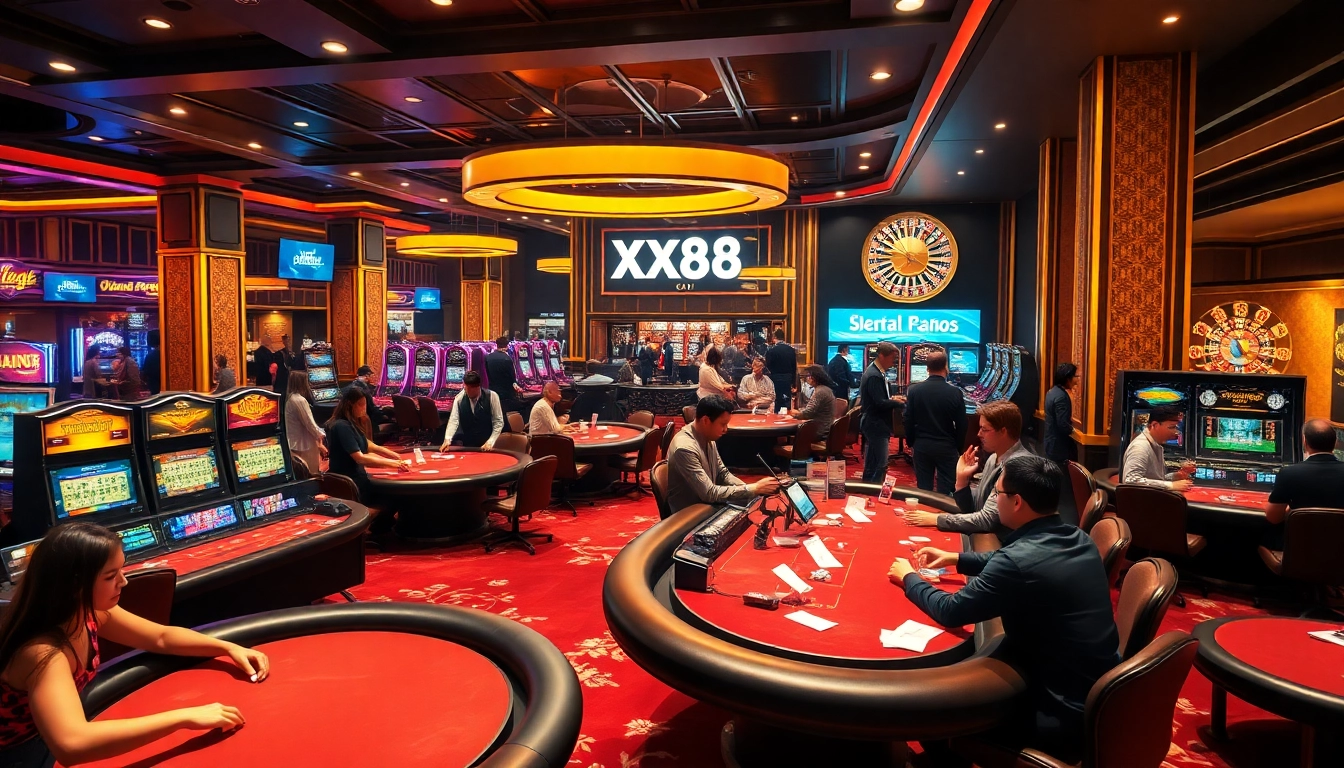 Experience the excitement of gambling at XX88 with vibrant poker tables and slots in a luxurious casino.