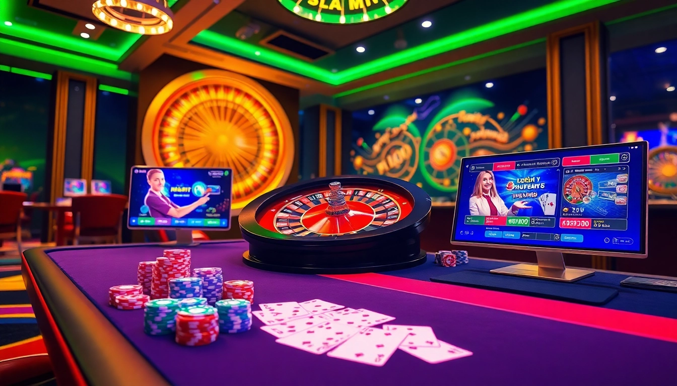 Engaging scene of game bài đổi thưởng at a vibrant casino table with poker chips and digital devices.