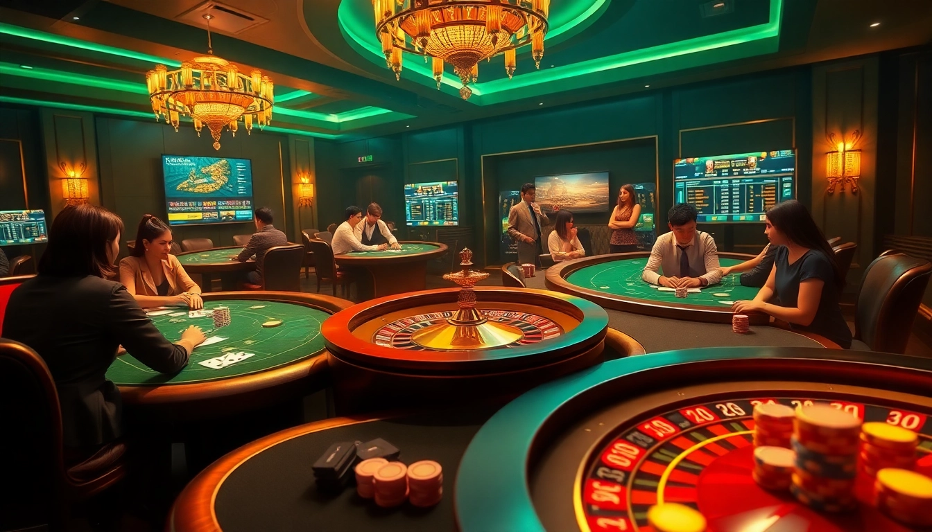 Engaged players at a stylish Liên Minh KJC casino table focus on high-stakes poker with luxurious visuals.