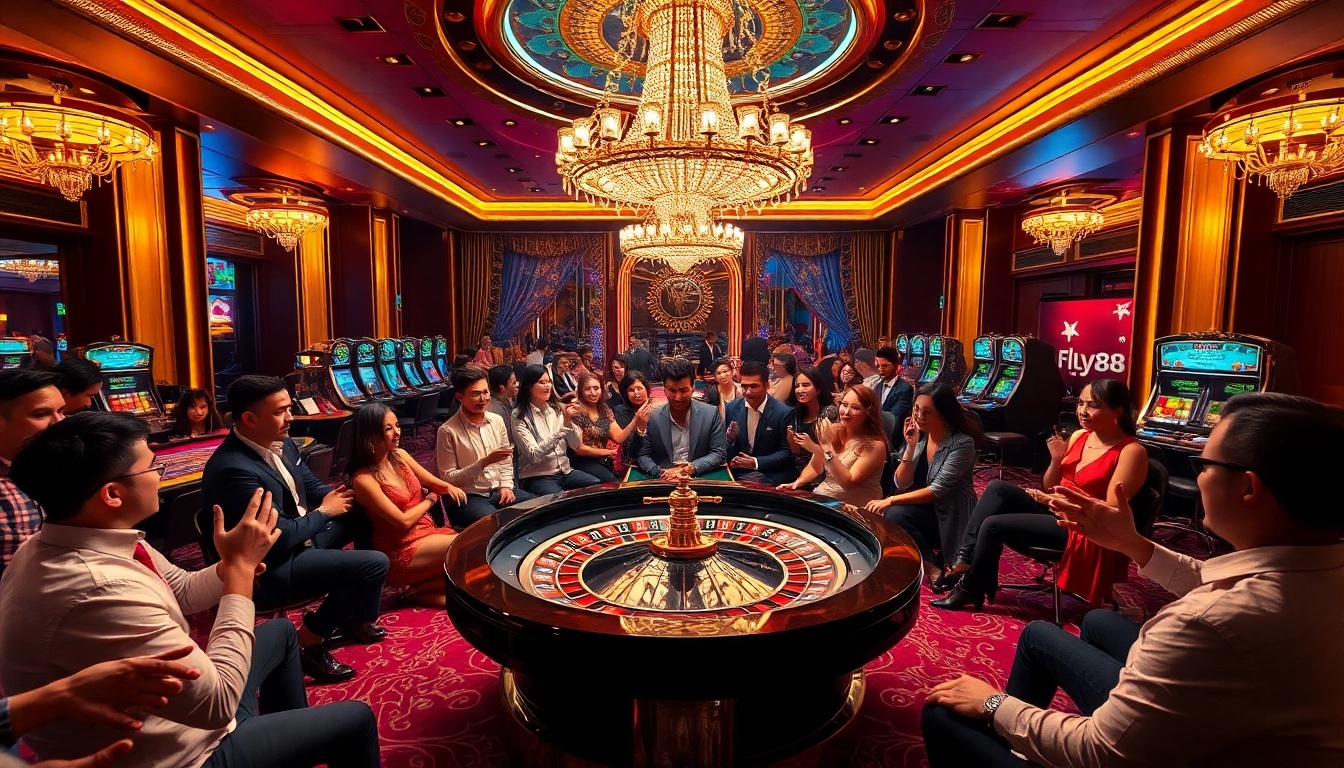 Experience the thrill of fly88 with vibrant roulette tables and excited gamblers in a luxurious casino.