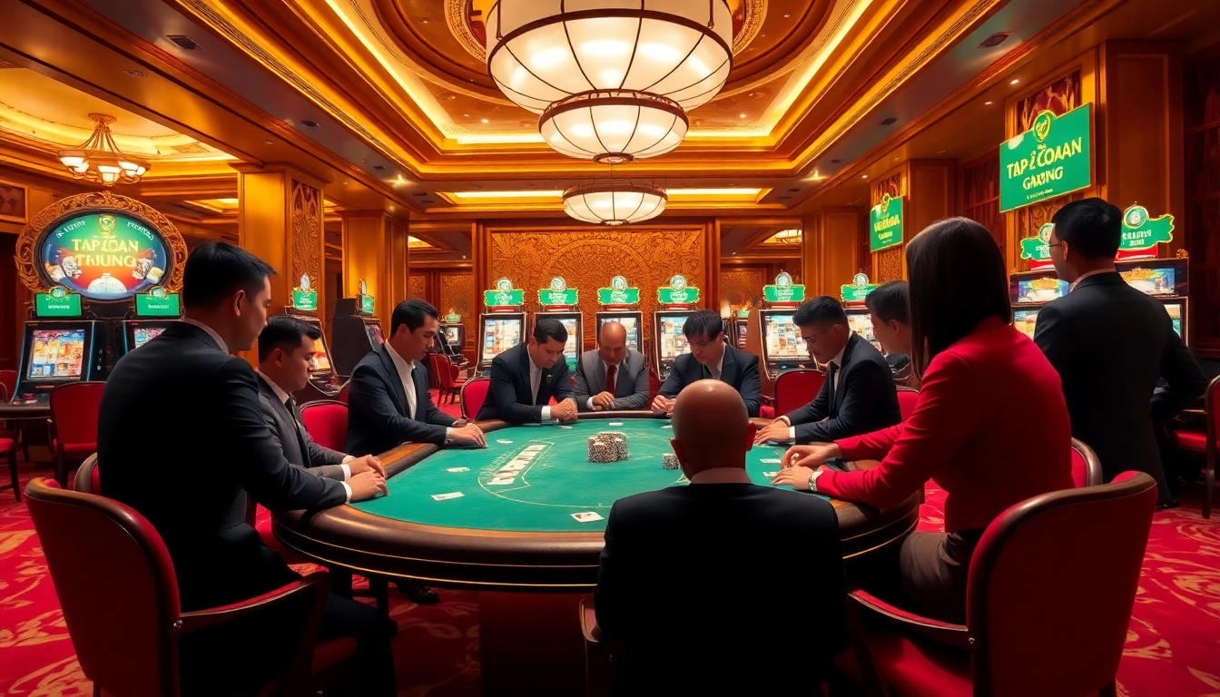 Tập đoàn truyền thông TPJ enhances excitement at a luxurious casino with poker tables and vibrant slot machines.