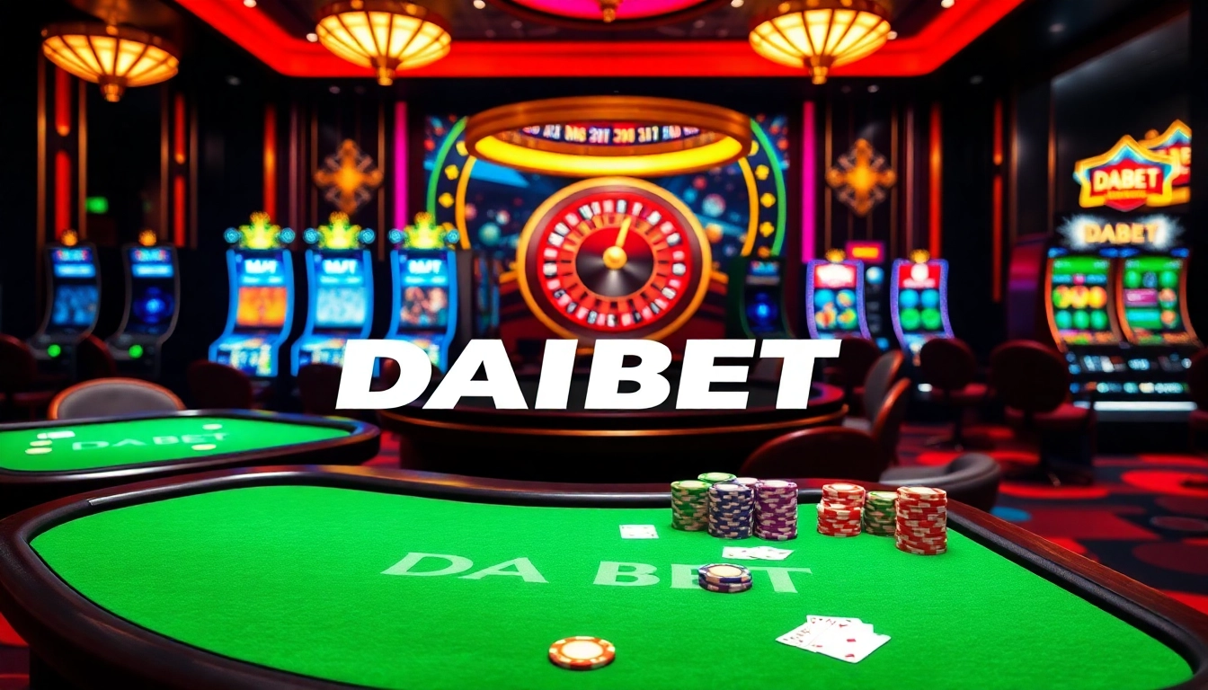 DABET: Engaging in a vibrant online casino experience with luxurious tables and dynamic slot machines.