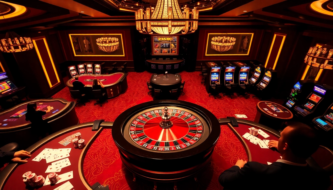 SODO casino scene showcasing players at roulette and poker tables with elegant décor and vibrant atmosphere.