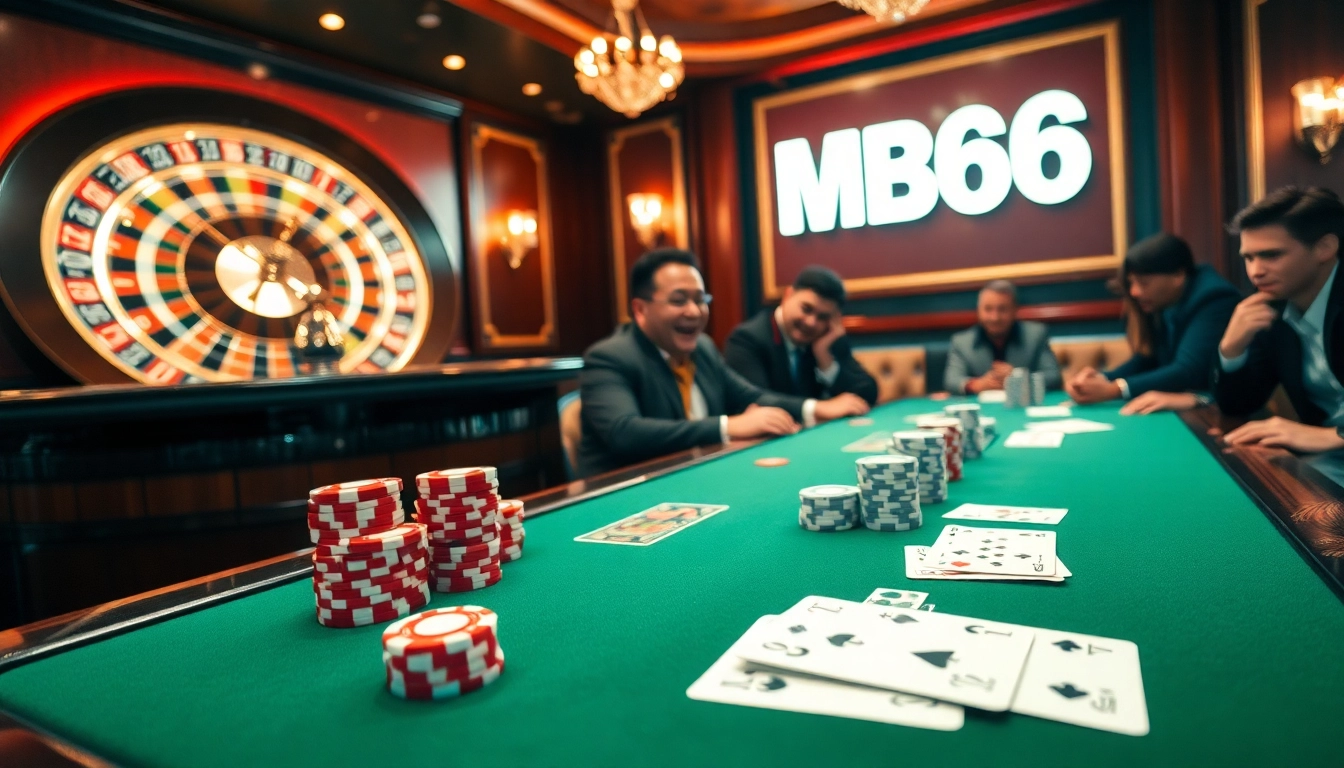 Exciting scene of players enjoying a game at MB66 casino with poker chips and cards.