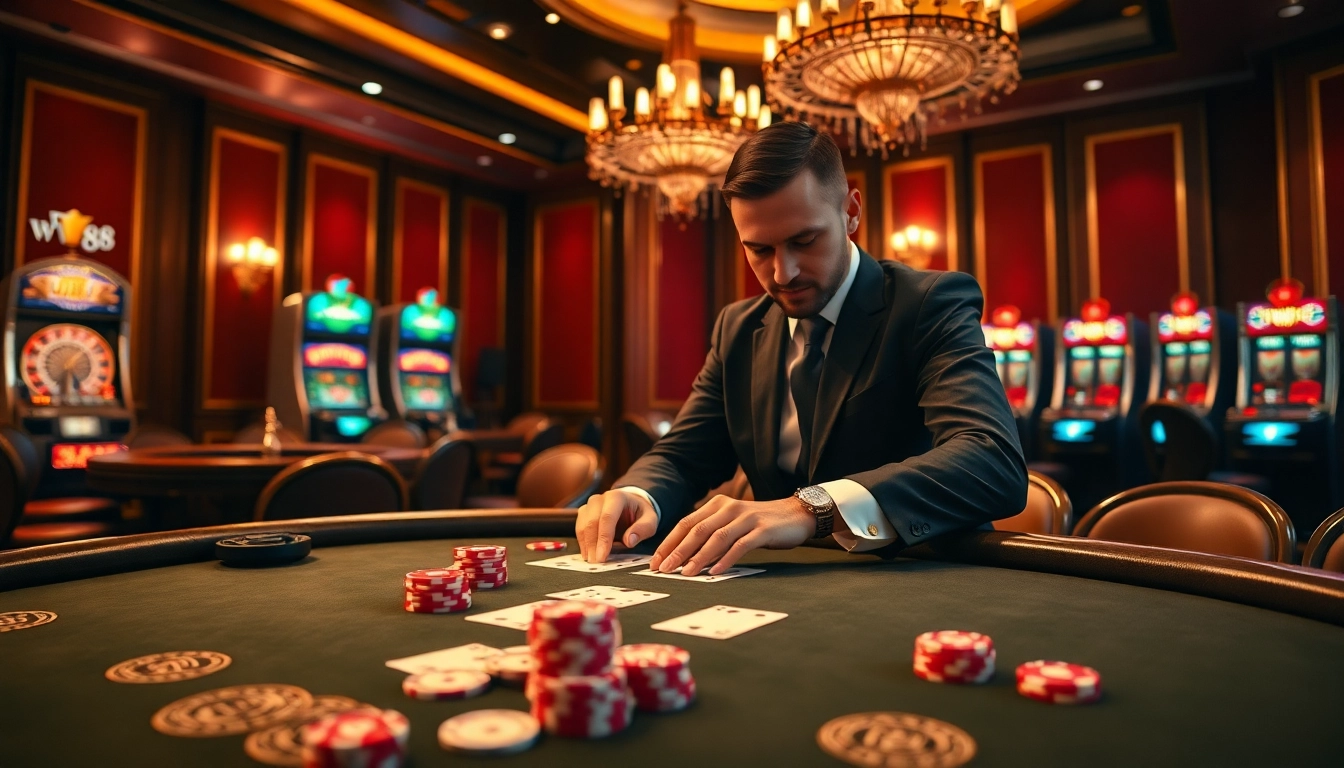 Excited gambler placing bets at a luxurious casino table showcasing ww88 cards and chips.