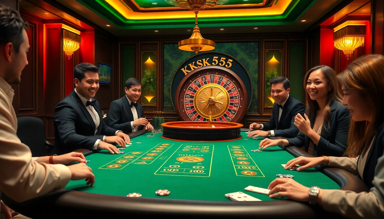 Experience the thrill of KK55 at an upscale casino table with vibrant gaming elements.
