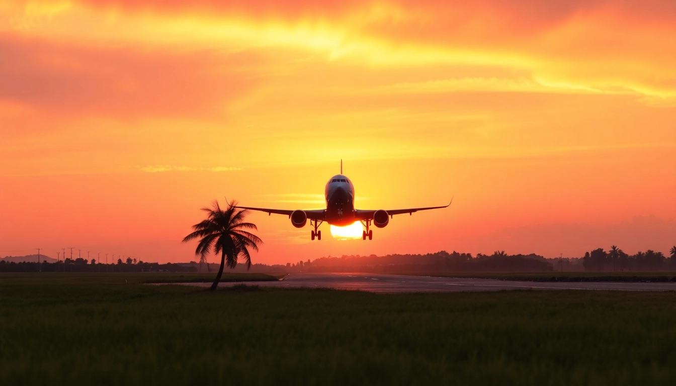 VN168 flight taking off at sunset, symbolizing travel and adventure.