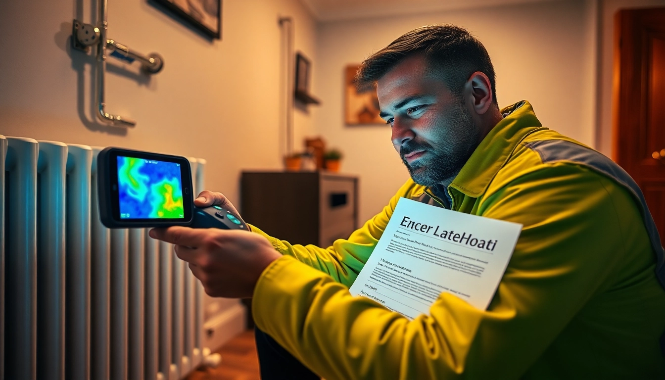 Technician conducting central heating leak detection using thermal imaging technology indoors