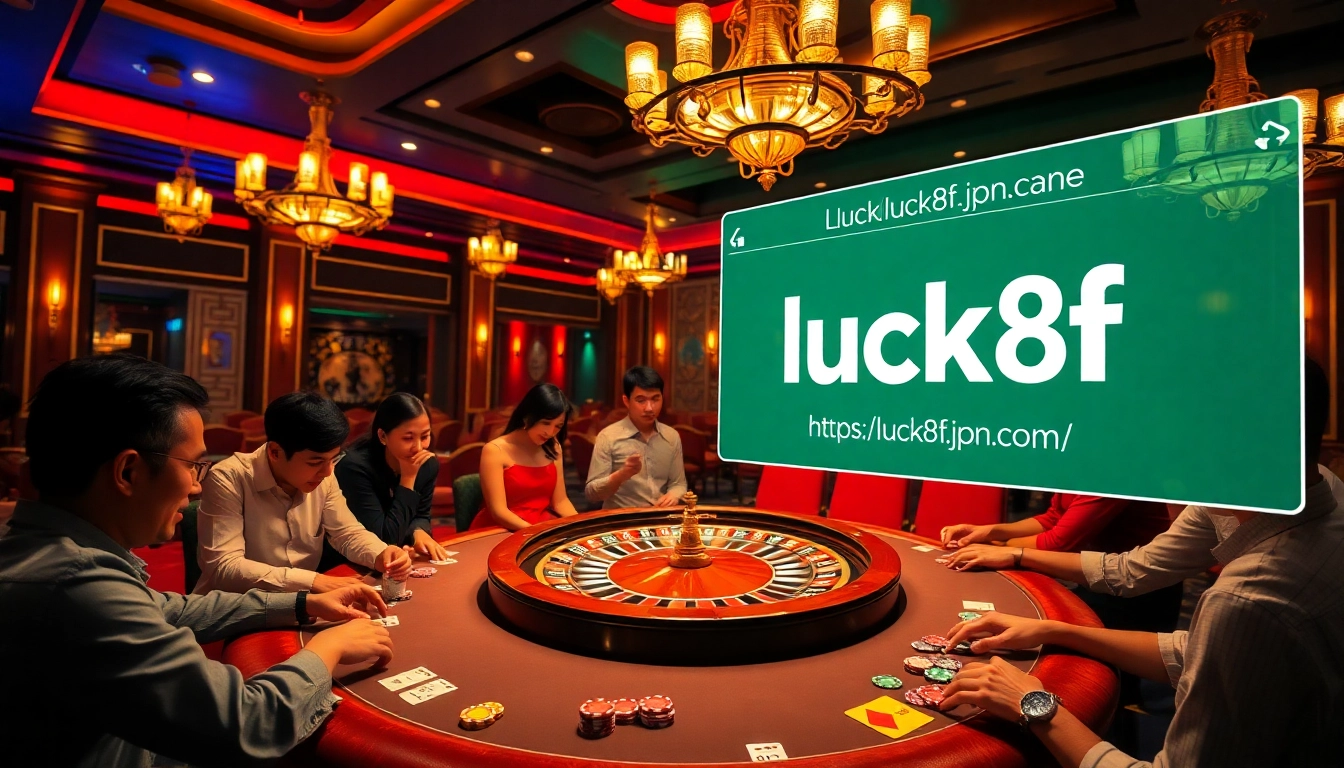 Betting enthusiasts engaging in poker at a luxurious casino, featuring https://luck8f.jpn.com/ for top online gambling excitement.
