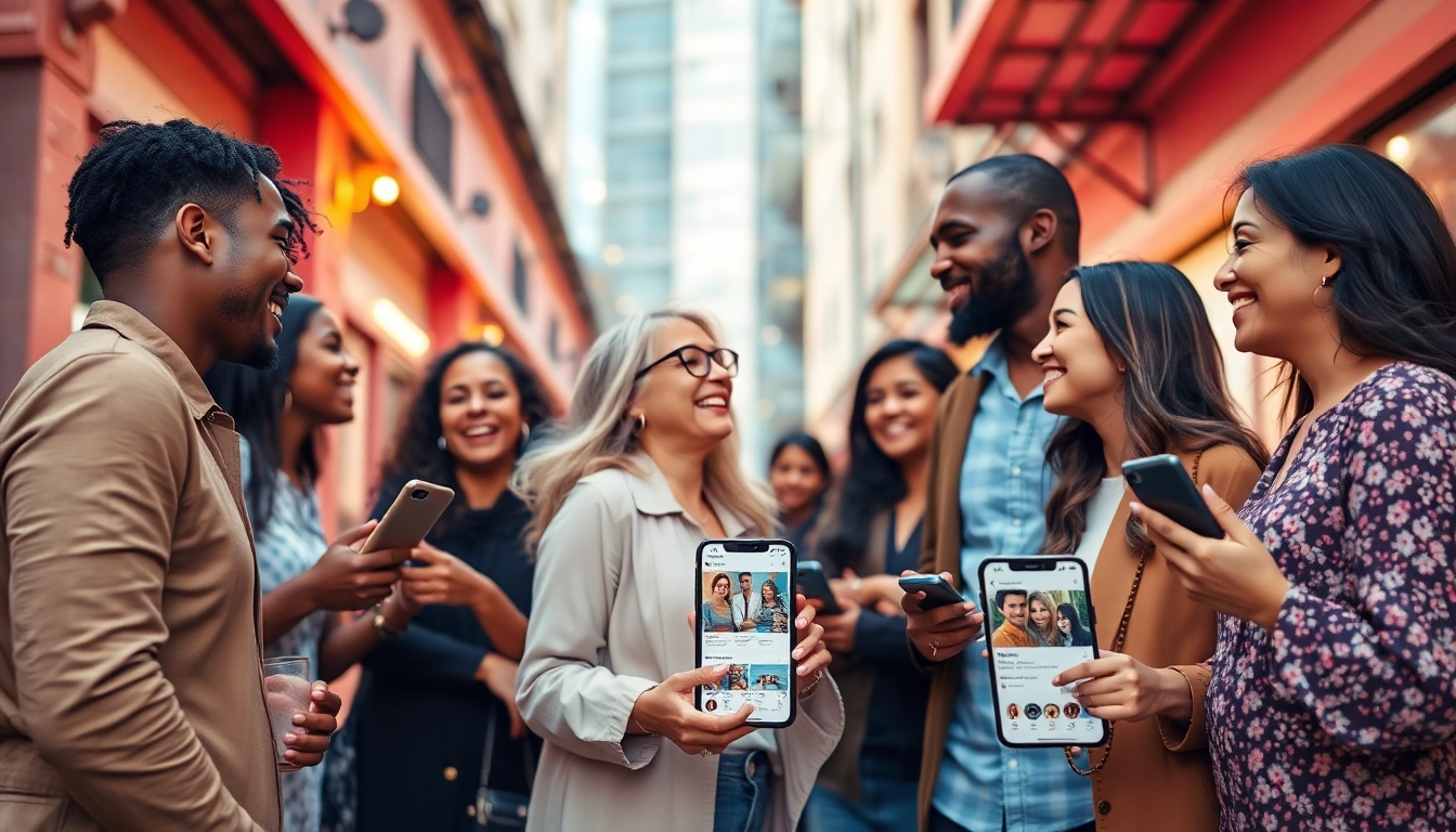 Engaging scene of diverse singles and couples connecting through OKFUN COM dating platform in a vibrant urban setting.