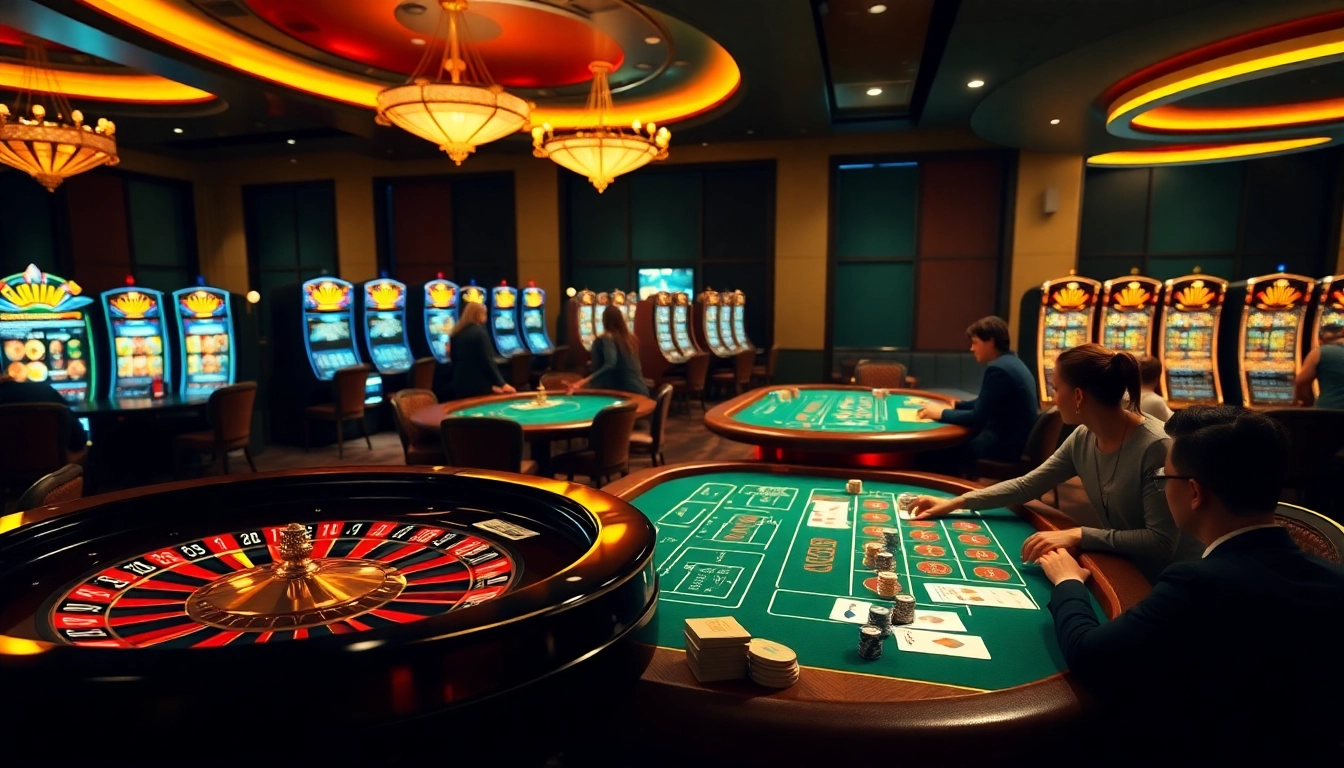 Bet smartly at https://sunwin2.co/ with a vibrant gambling scene featuring poker tables and roulette wheels.