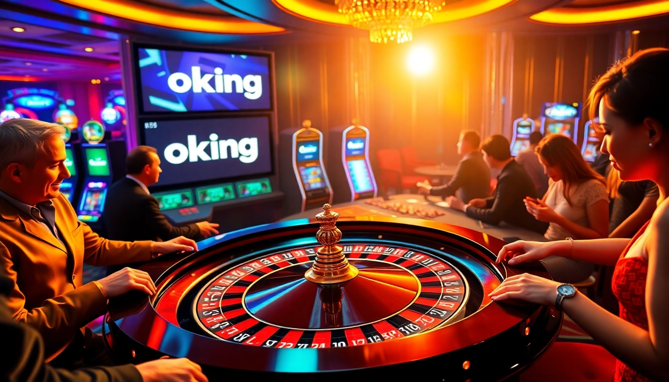 Experience the excitement of gaming at the luxurious okking casino with roulette and poker tables.