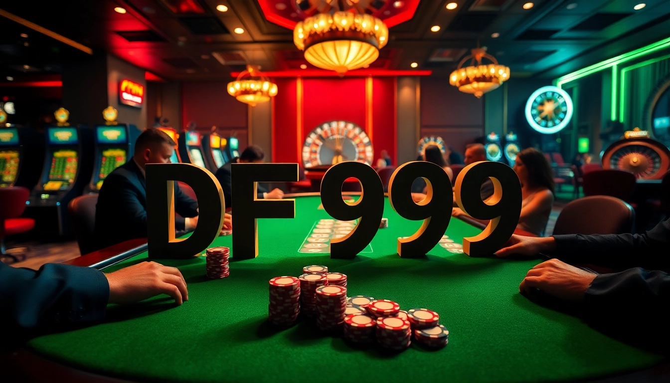 DF999 gambling scene with high-stakes poker action at a luxurious casino table.