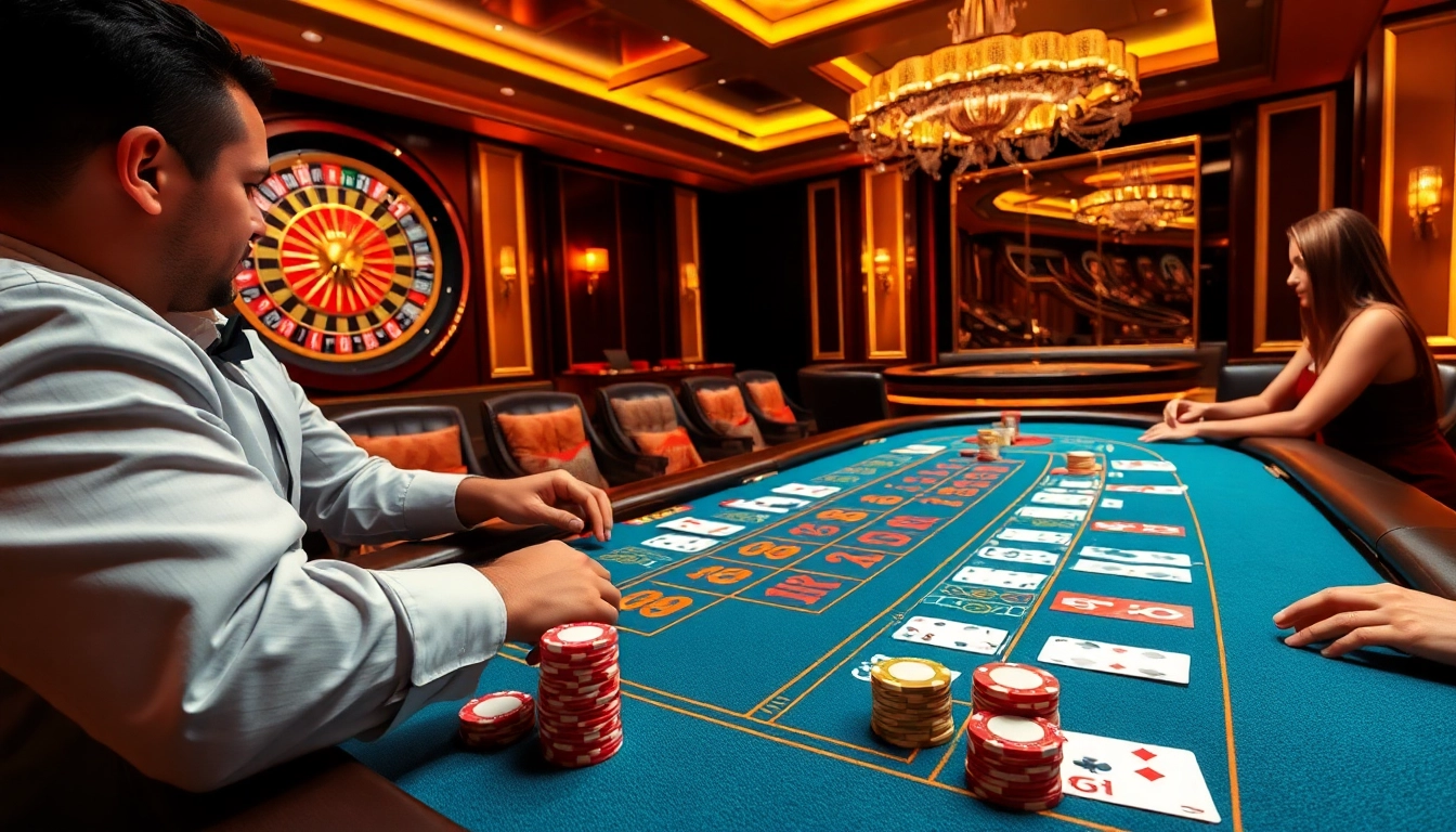Experience the excitement of MM88 at an elegant casino blackjack table with vibrant poker chips and warm lighting.