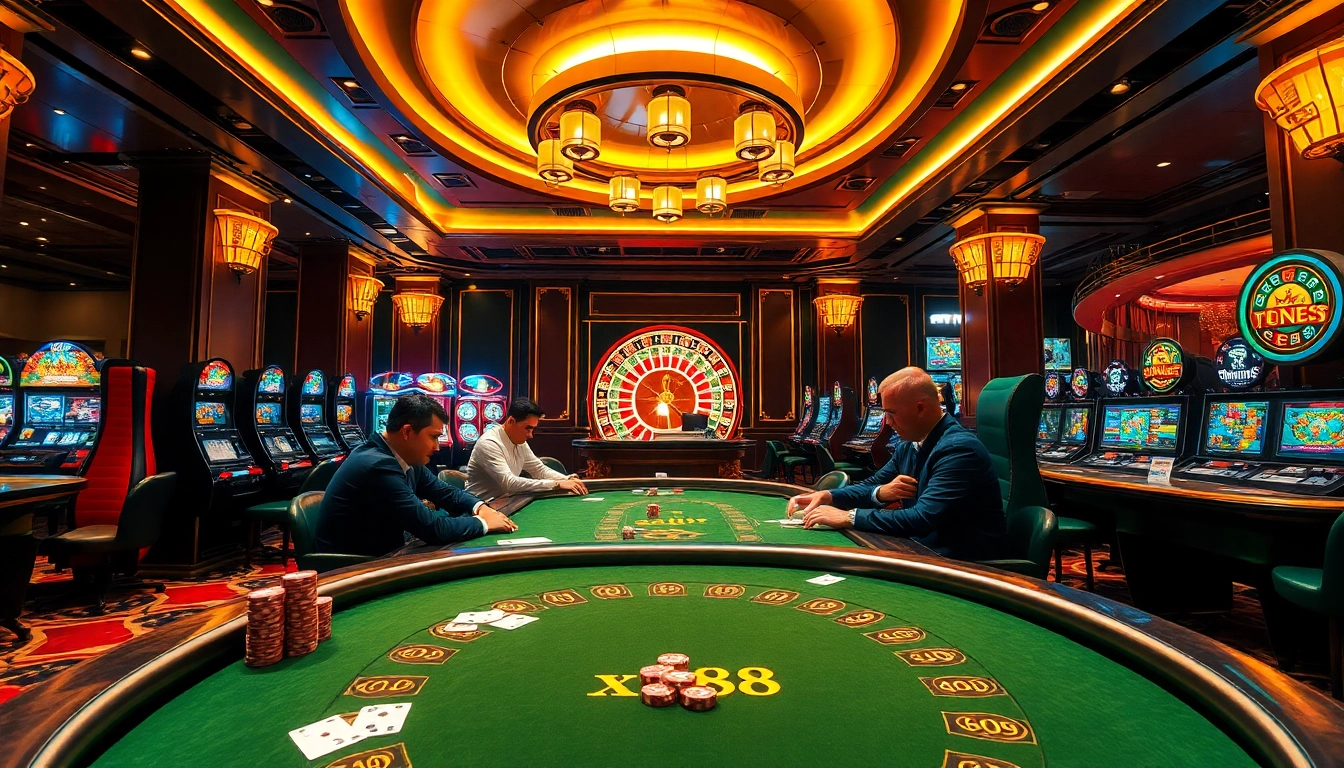 Experience the thrill of gambling at xin88 with a vibrant casino gaming floor featuring poker and slot machines.