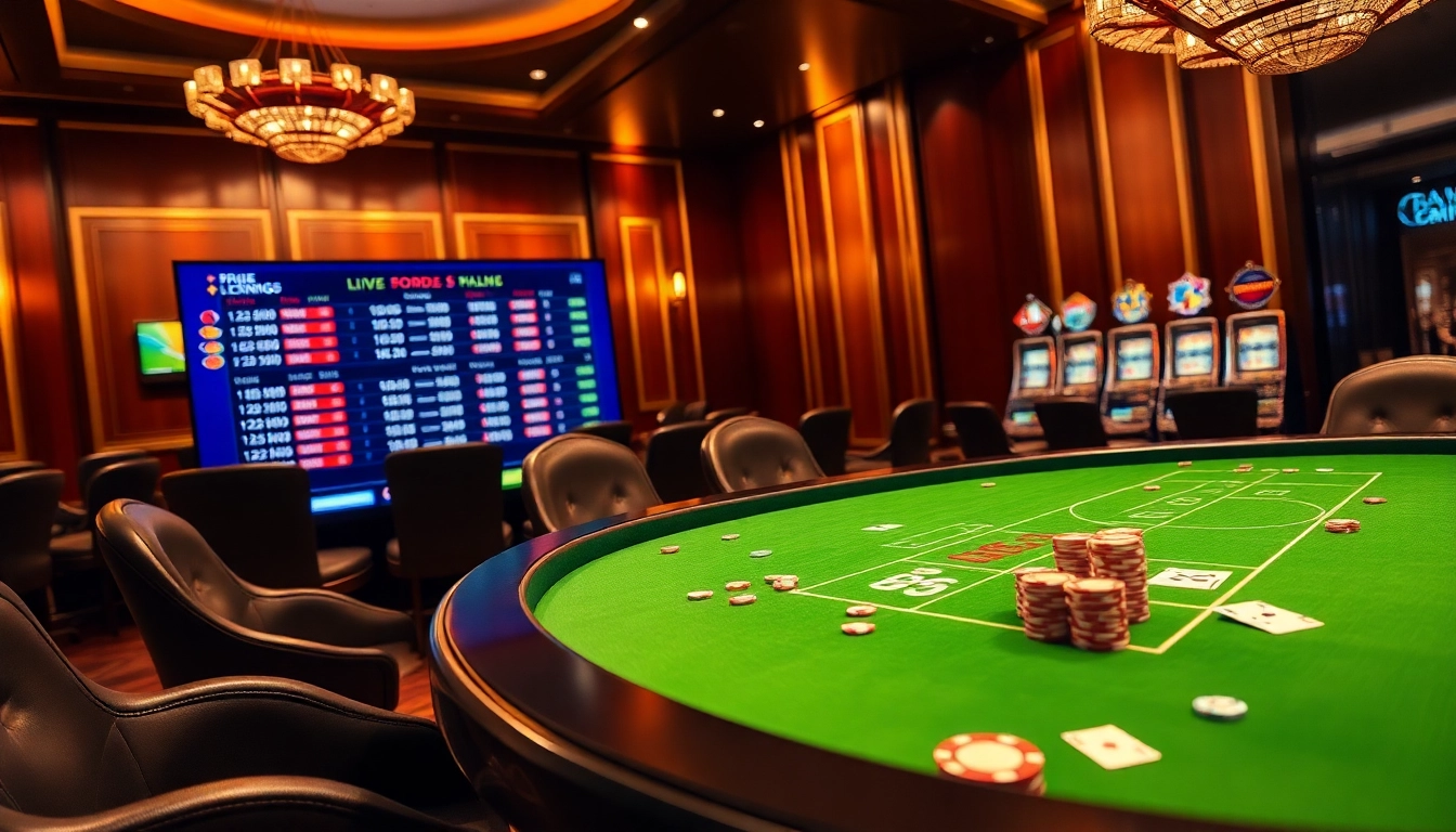 Betting chips and a digital screen displaying kèo nhà cái odds in a luxurious casino.