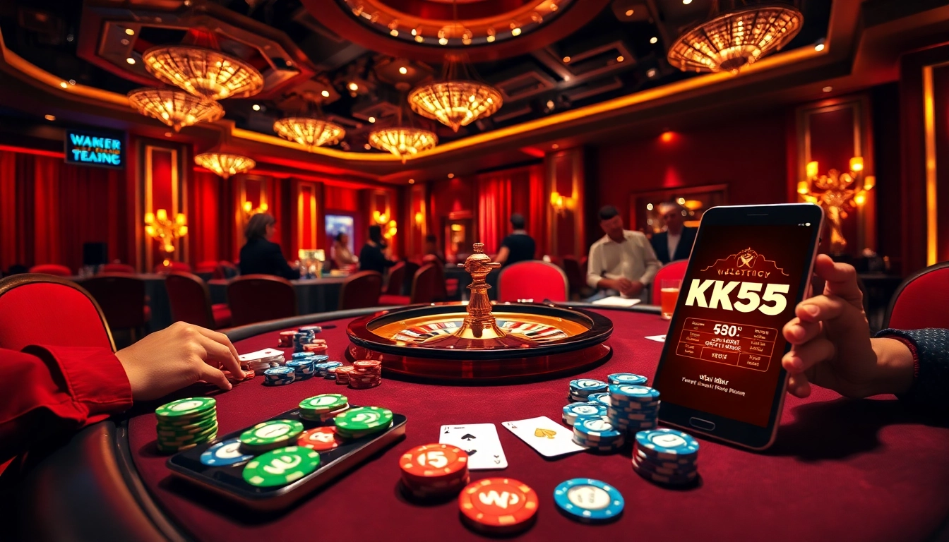 Experience thrilling games with stakes at KK55, showcasing a vibrant casino table loaded with chips and cards.