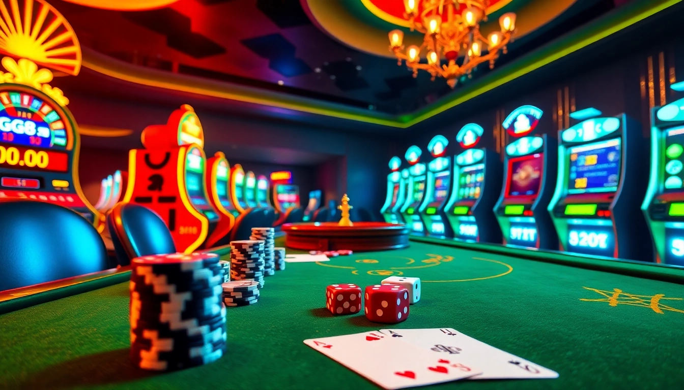 Engaging gambling scene at GG88 featuring poker chips, dice, and slot machines.