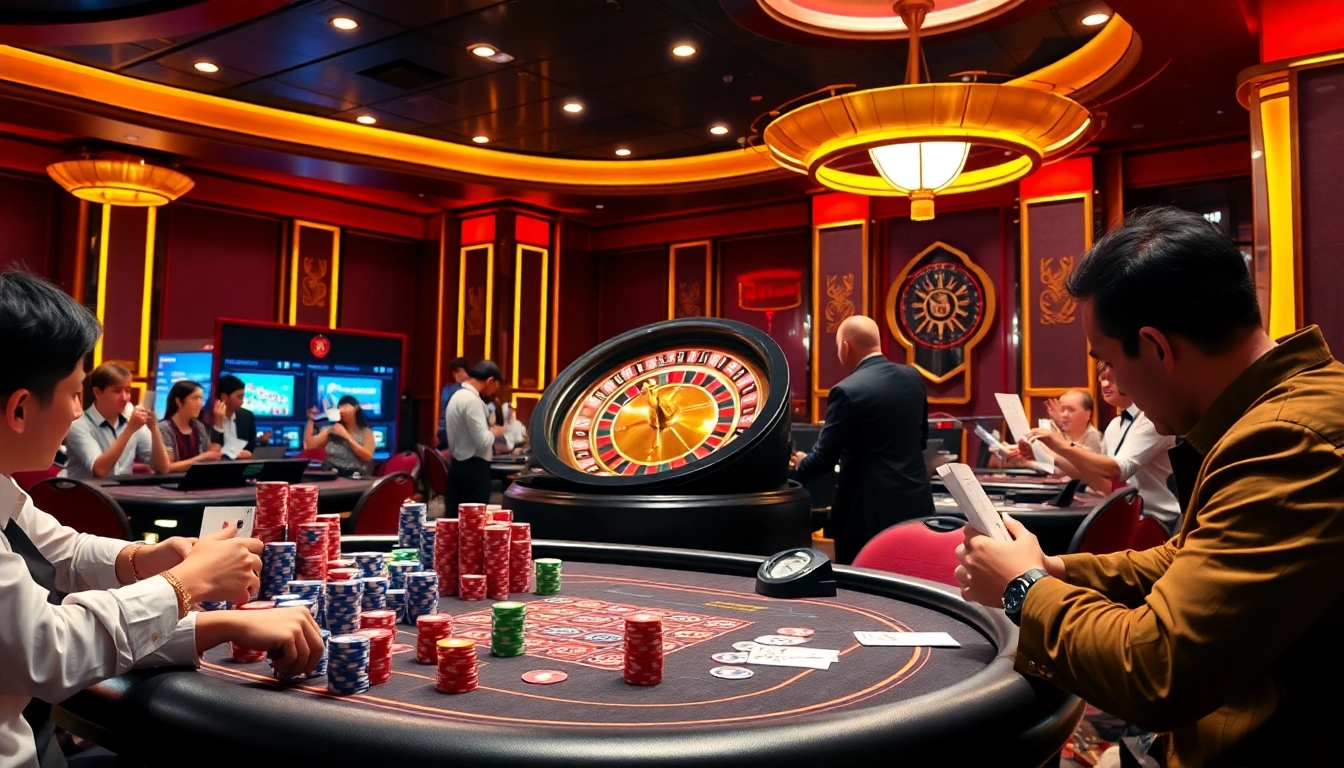 KJC Group showcases thrilling gambling action with a lavish poker table and energetic roulette wheel.