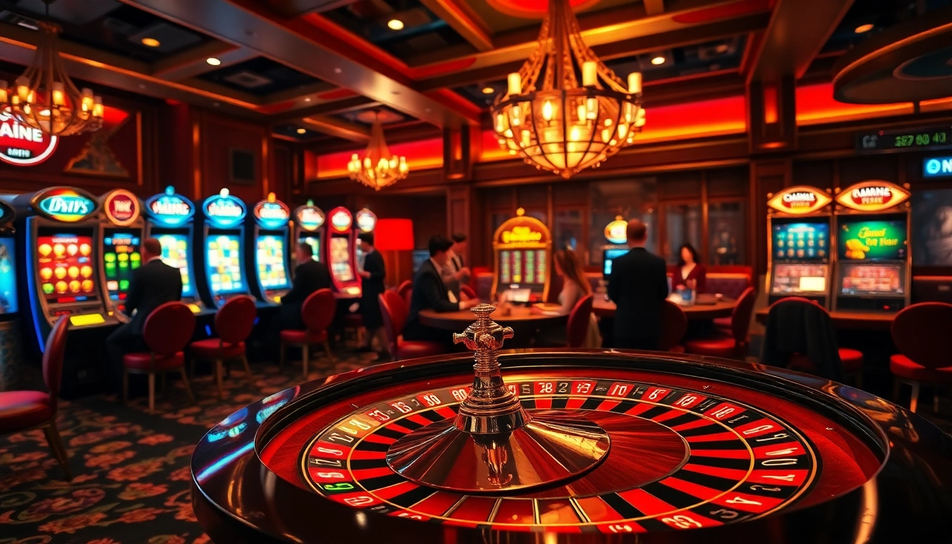 Experience thrilling gameplay at https://www.222bd.app/ with a captivating casino scene featuring roulette and slot machines.