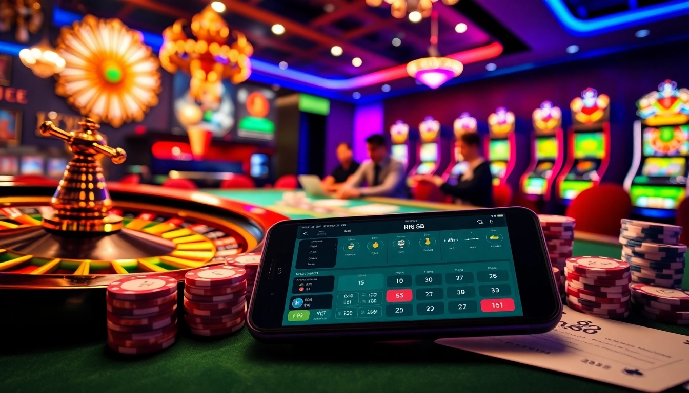 Experience thrilling gameplay at rr 88 with a vibrant casino scene featuring poker and roulette tables.