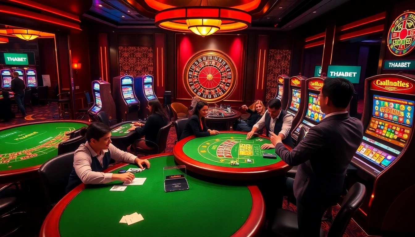 Players enjoying their time at THABET casino with vibrant slot machines and a roulette wheel.