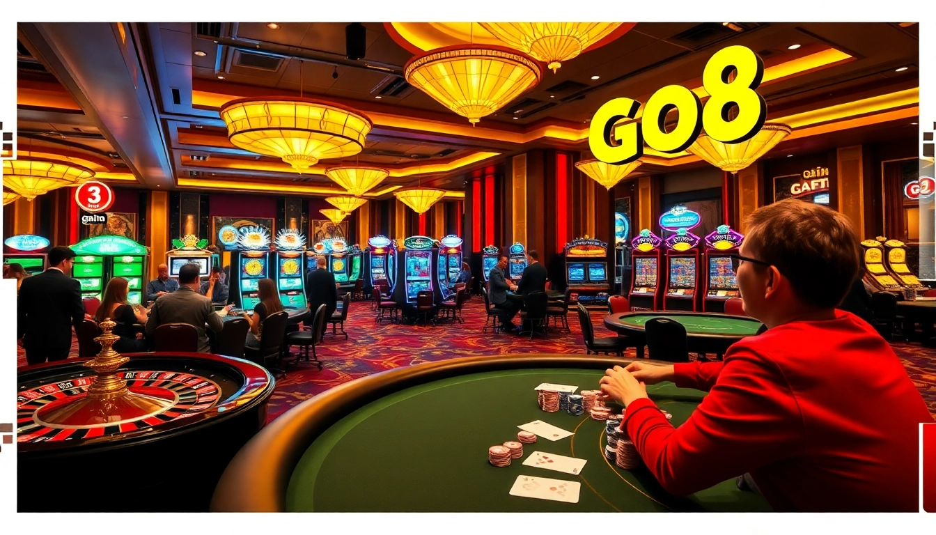 Play thrilling casino games at go8 with vibrant tables, roulette wheels, and excited players.