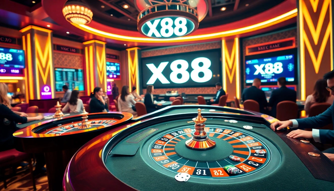 X88 logo prominently displayed in a vibrant casino setting with players excitingly betting at a roulette table.