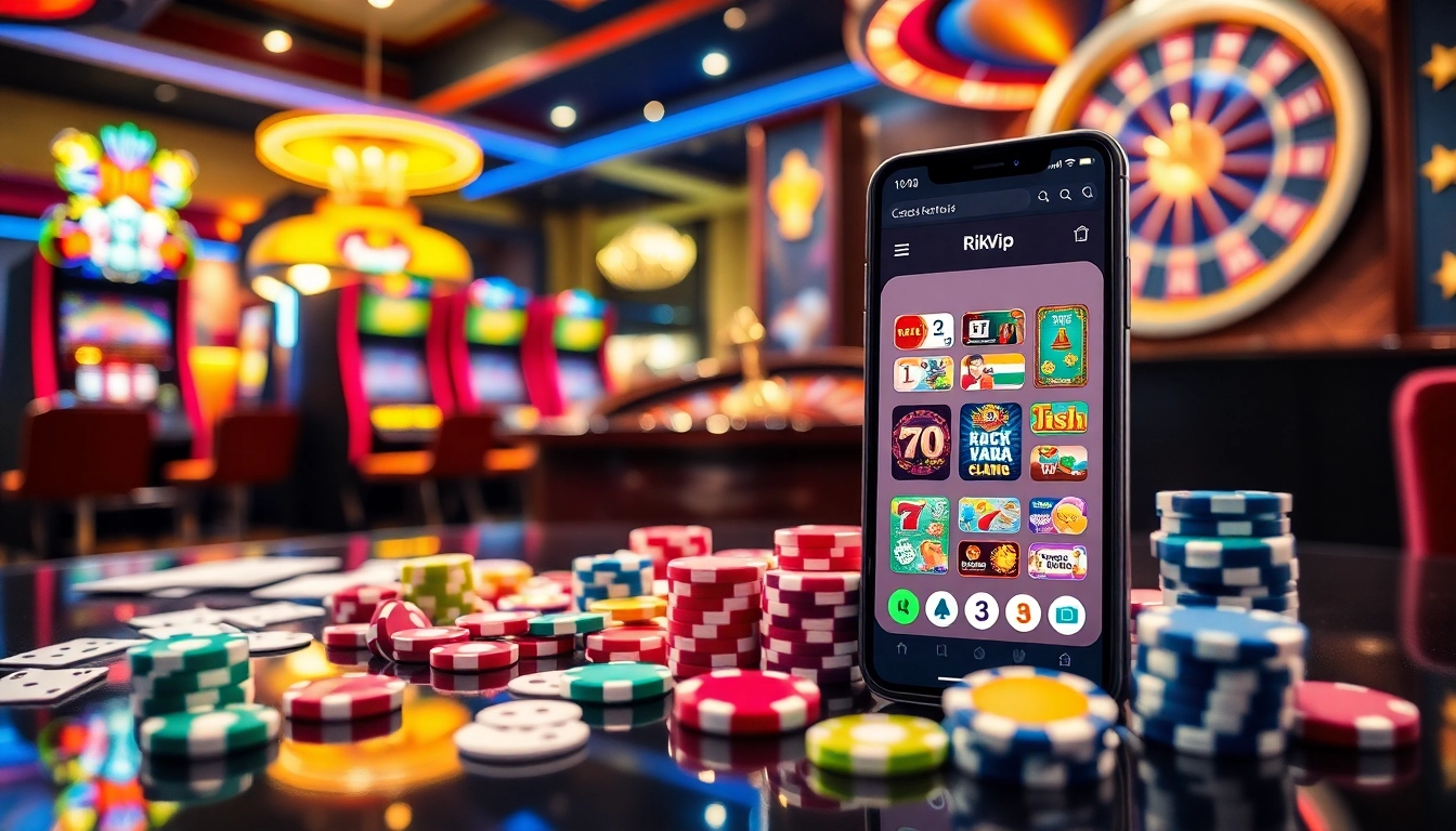 Play exciting games at Rikvip with vibrant casino elements in a luxurious setting.