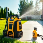 Deep clean with the dewalt pressure washer, showcasing powerful water spray on a patio.